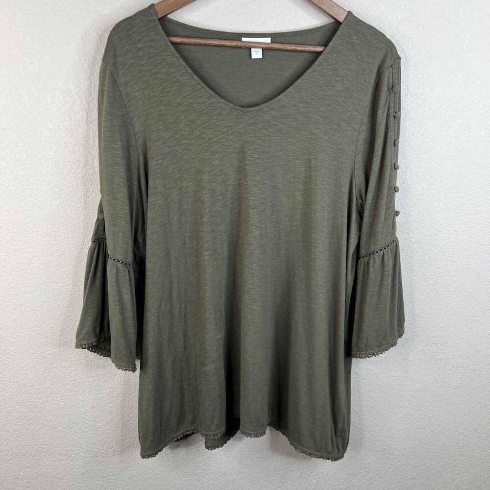 J. Jill Top Women's Large‎ Green 3/4 Sleeve Button Accent Boho Peasant Cotton